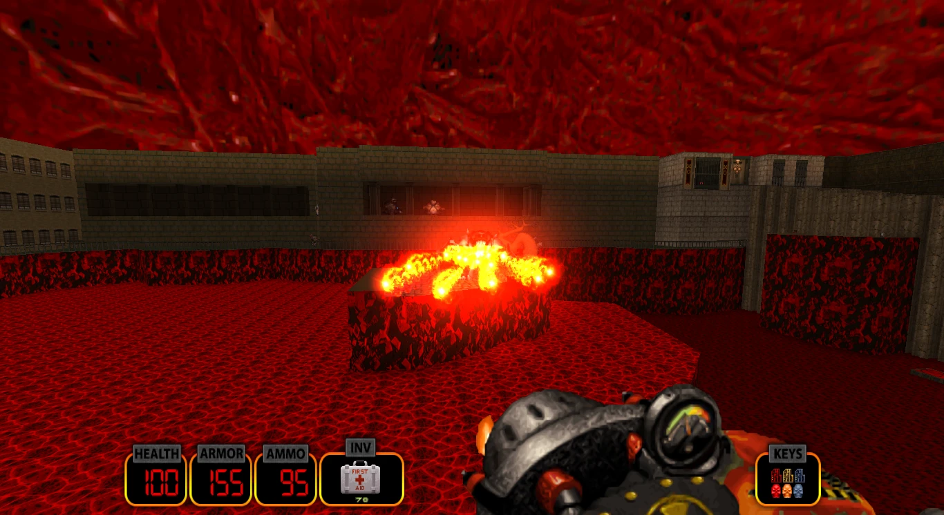 First-person view showing fiery weapon and red terrain in Duke Nukem 3D Weapon of Mass Destruction mod