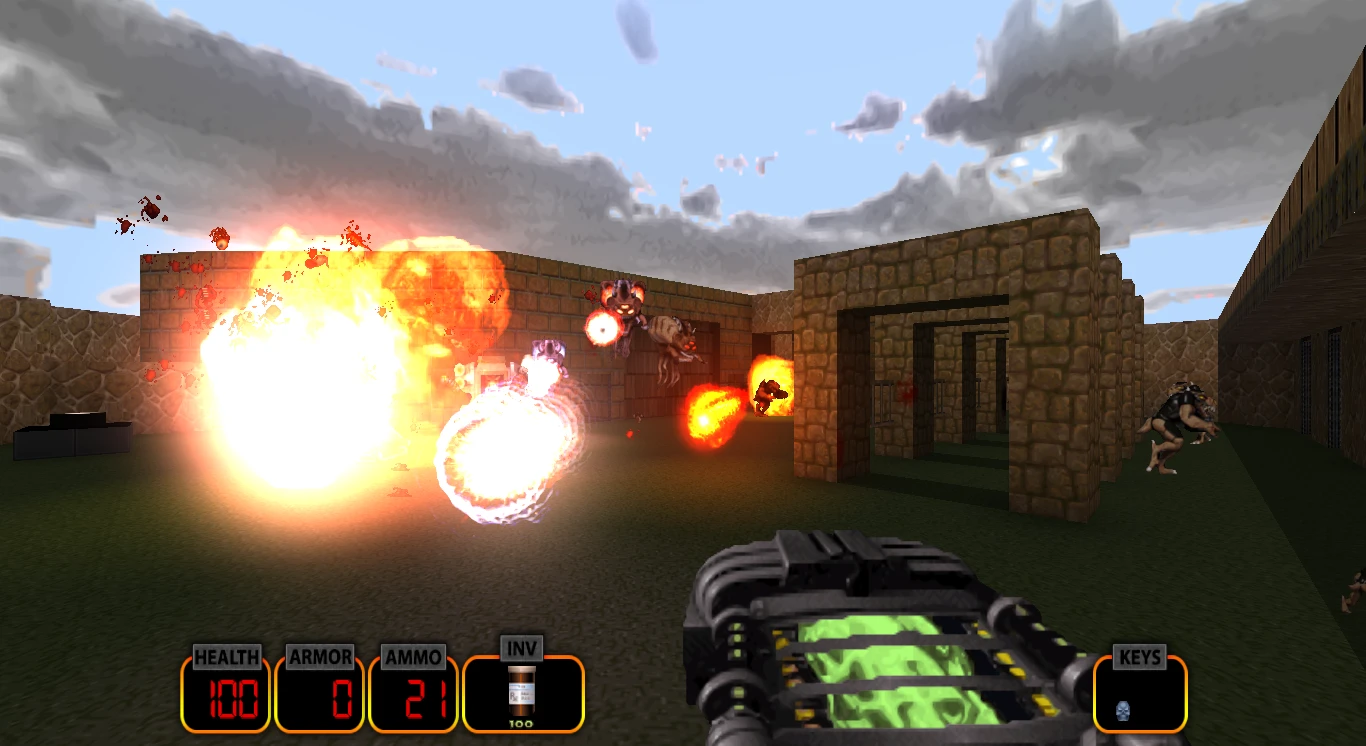 First-person view in Duke Nukem 3D mod Weapon of Mass Destruction showing energy weapon firing explosions at enemies in outdoor stone structure area