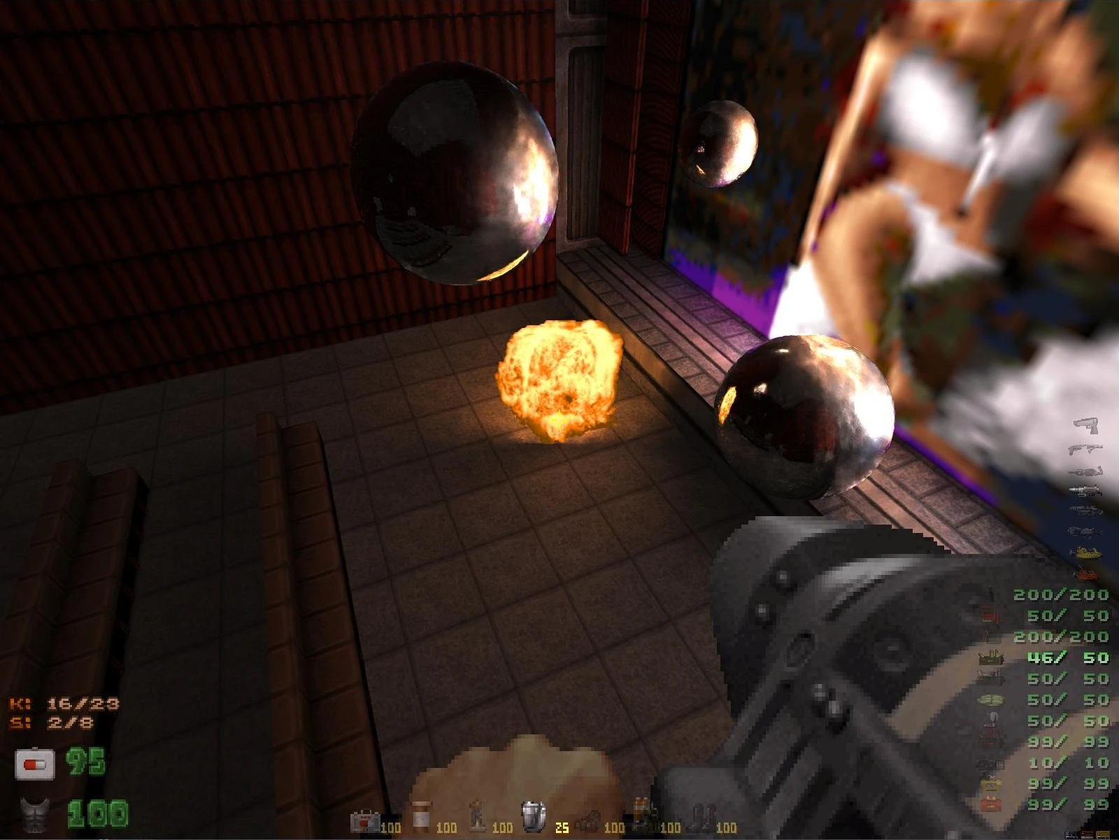 Вибух та відбиваючі сфери в ігровому кадрі мода Duke-RT для Duke Nukem 3D