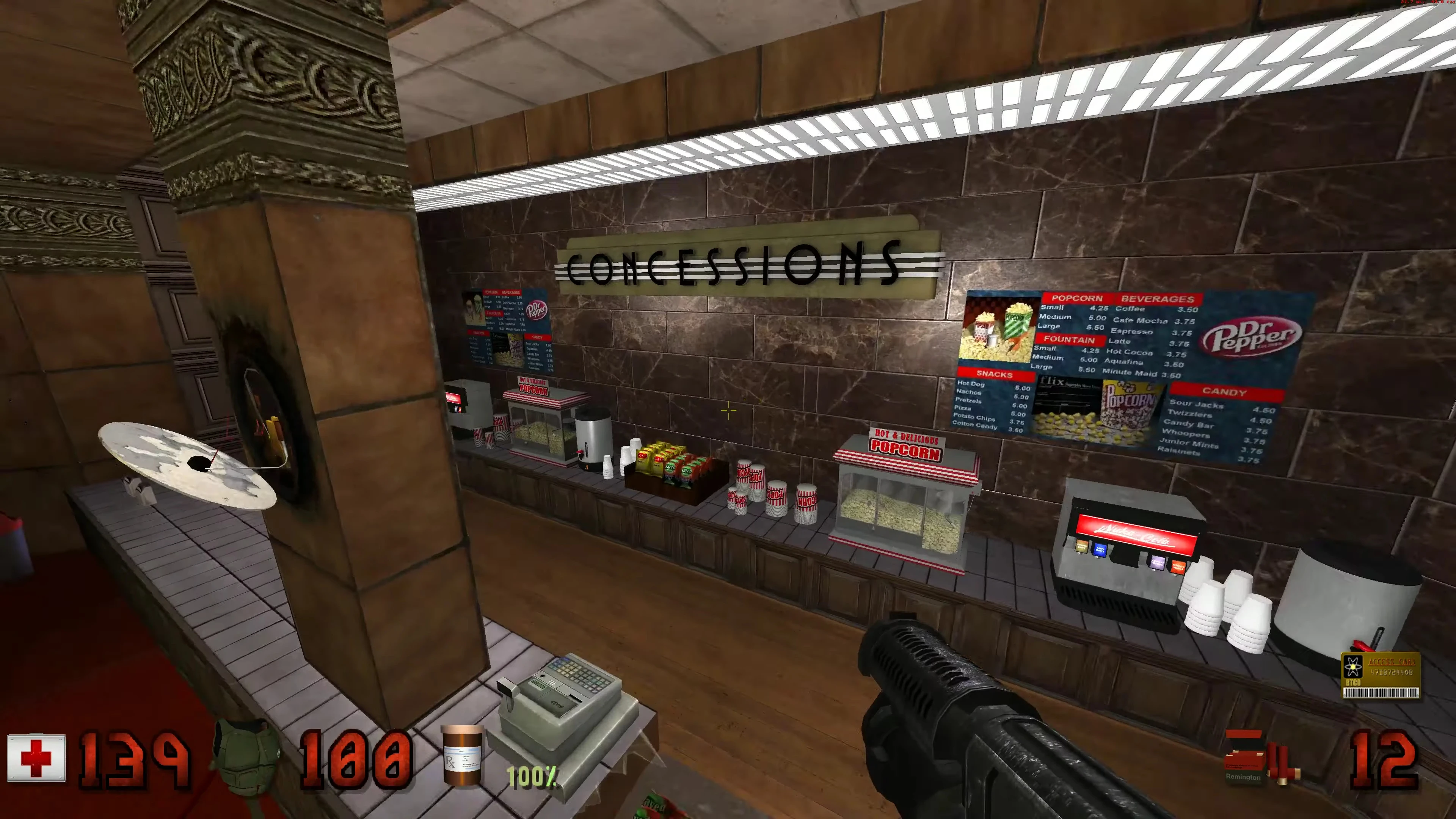 Erste-Person-Ansicht eines Verkaufsstands mit Popcorn-Maschinen und Getränkekarte im Duke Nukem 3D Mod