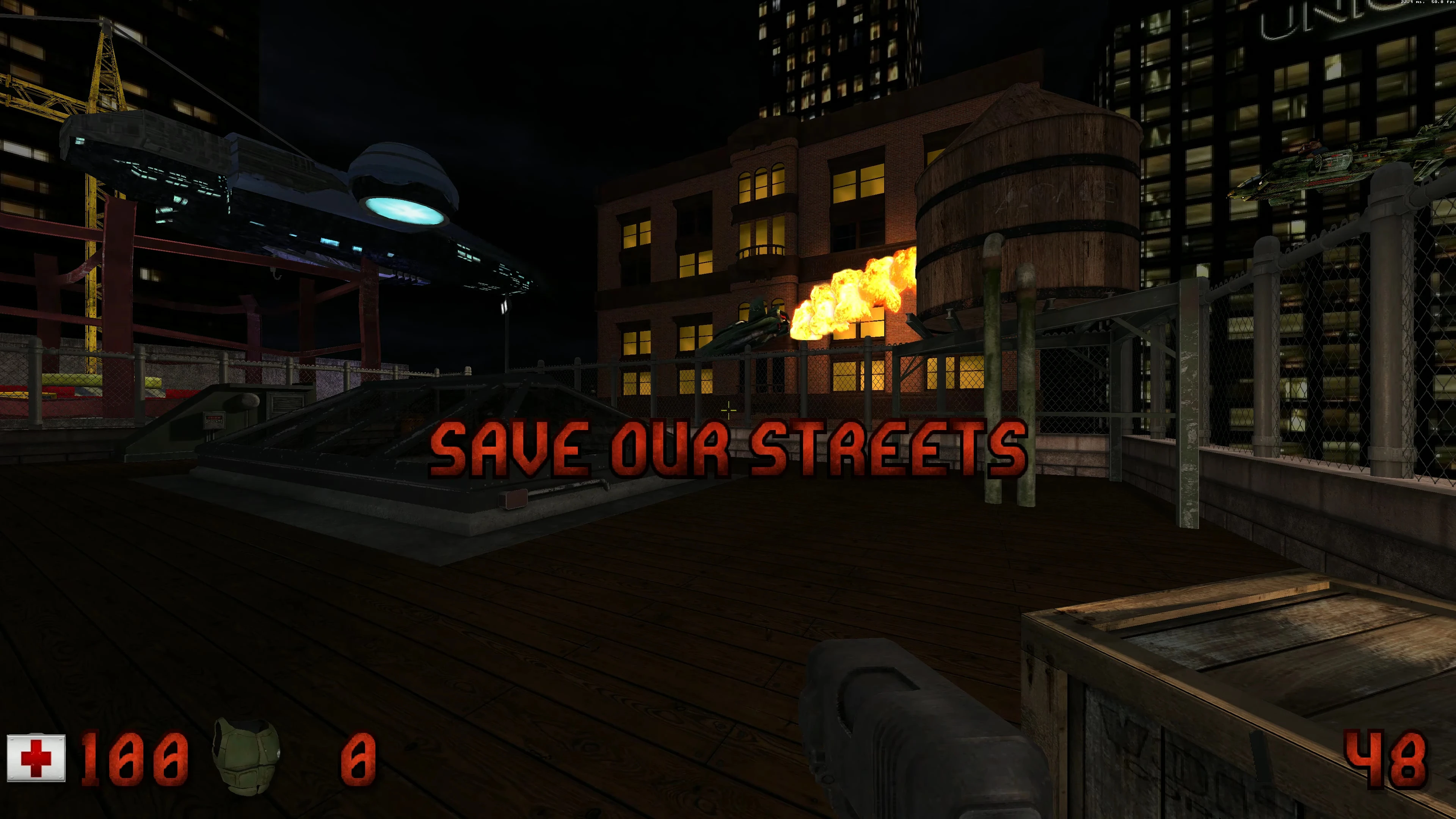 Duke Nukem 3D Mod Hollywood Holocaust Rethinked zeigt eine nächtliche Stadt-Dachterrasse mit Raumschiffen und Flammen