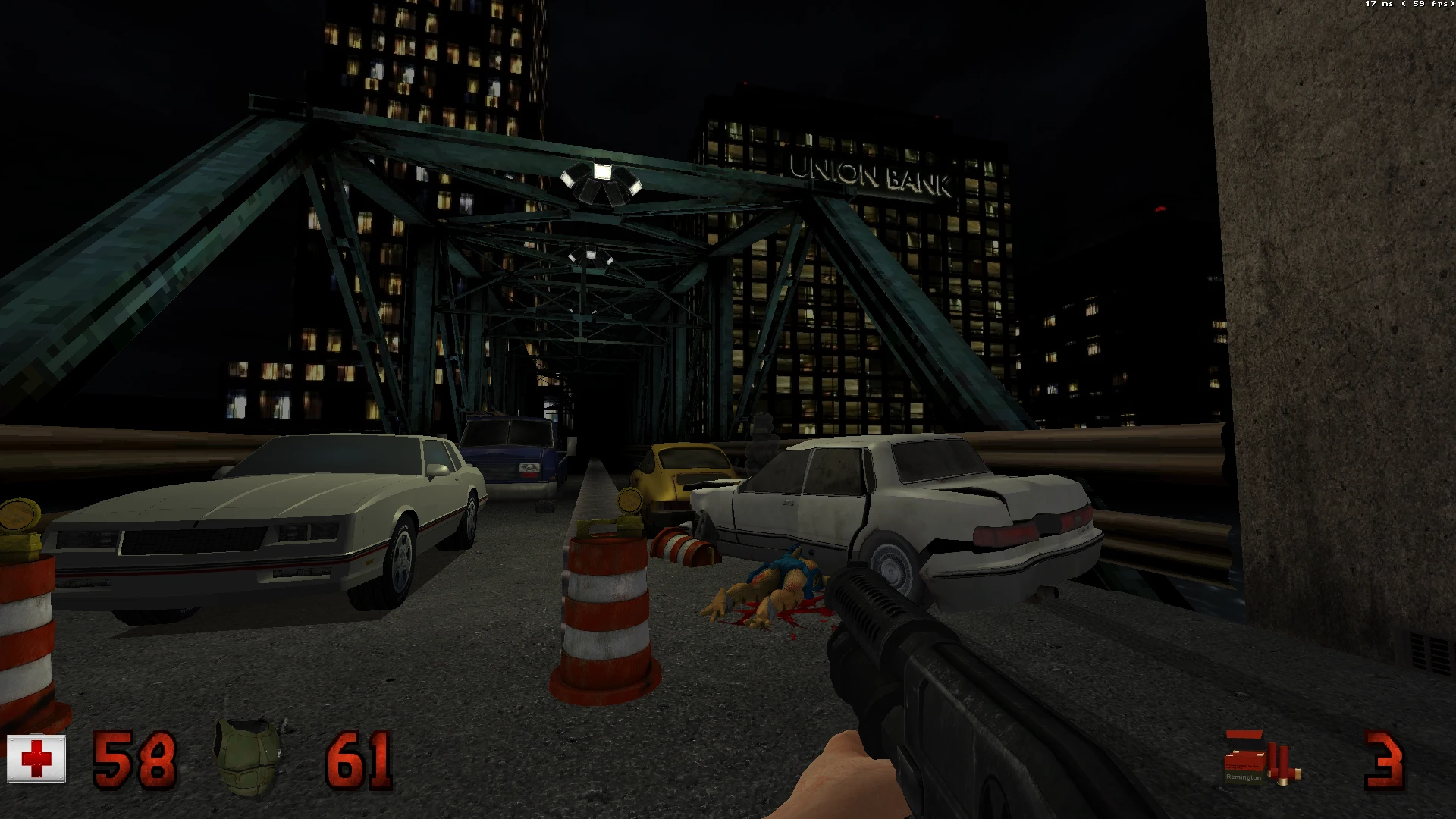 Erste-Person-Perspektive mit Schrotflinte auf einer Brücke mit Autos und einem toten Alien im Duke Nukem 3D Mod Hollywood Holocaust Rethinked