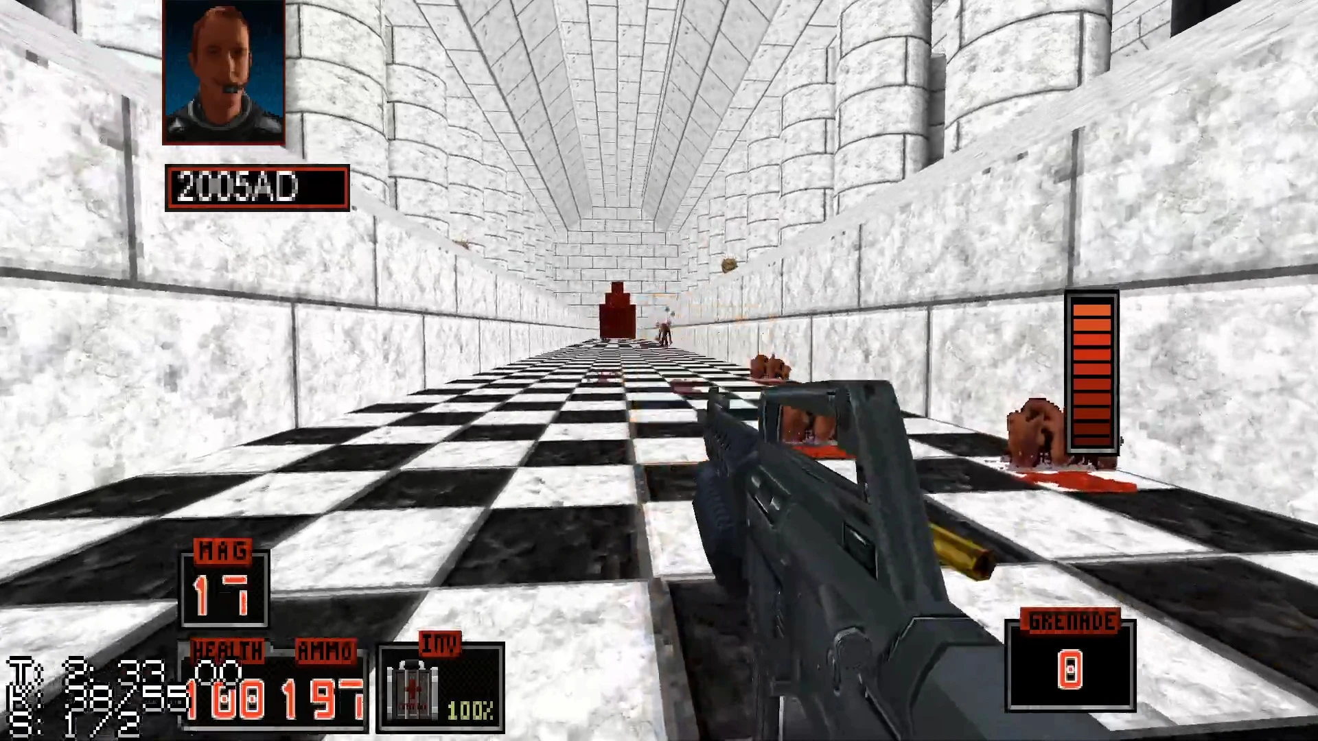Captura de juego desde primera persona en un pasillo con suelo ajedrezado y paredes de mármol blanco en el mod Imagination World TC de Duke Nukem 3D