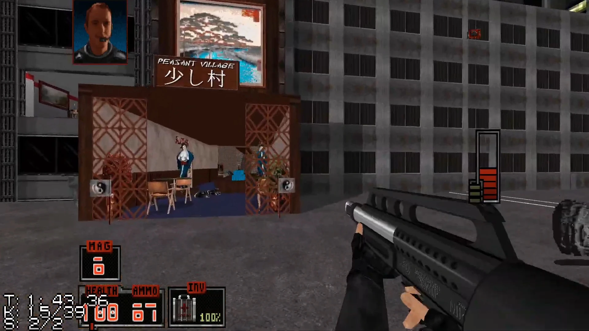 Jugador con arma cerca de un edificio etiquetado Peasant Village en el mod Imagination World TC para Duke Nukem 3D