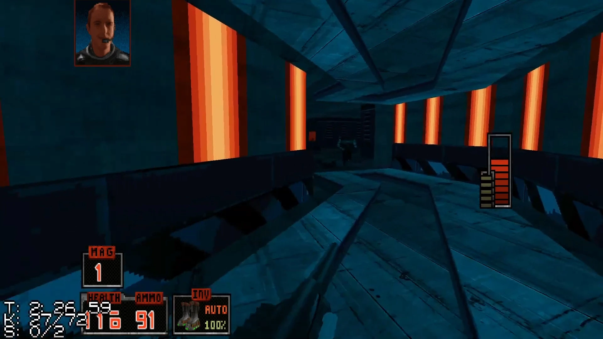 Captura del mod Imagination World TC de Duke Nukem 3D que muestra un pasillo azul oscuro con luces verticales naranjas y elementos HUD