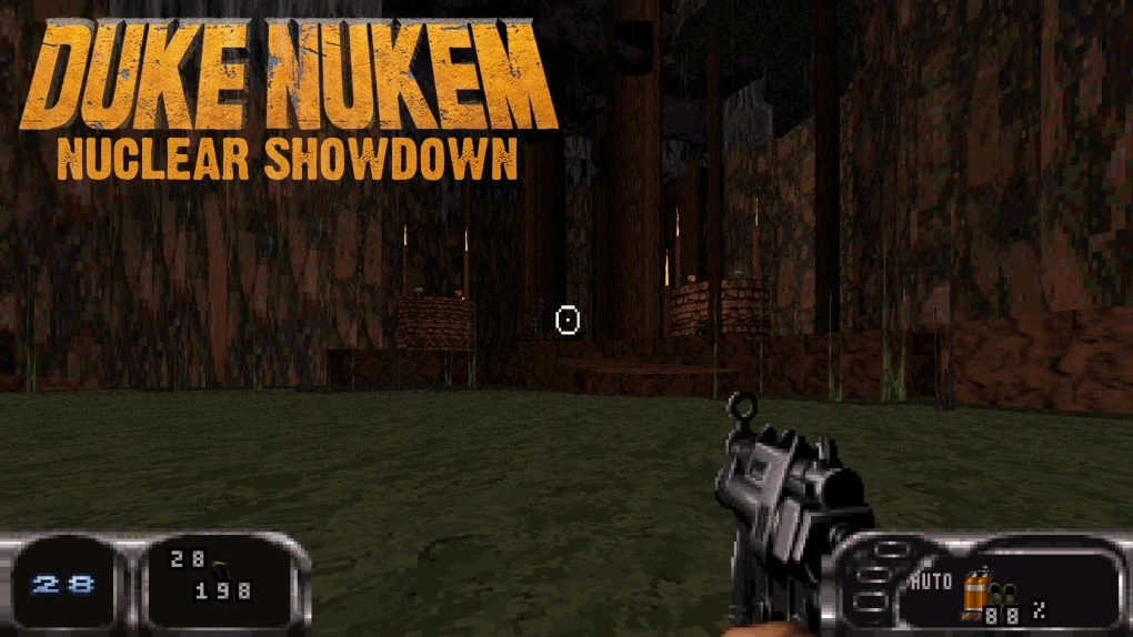 First-person view of player holding gun in dark cave environment from Duke Nukem 3D Nuclear Showdown mod