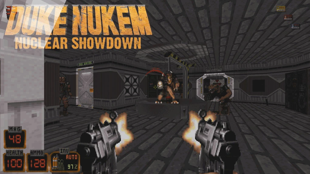 First-person view of firing dual pistols at mutant creatures inside a futuristic base in Nuclear Showdown mod