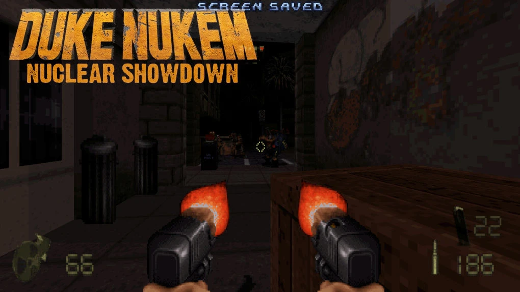 First-person view dual pistols firing at enemies in a dark urban street in Duke Nukem 3D Nuclear Showdown mod