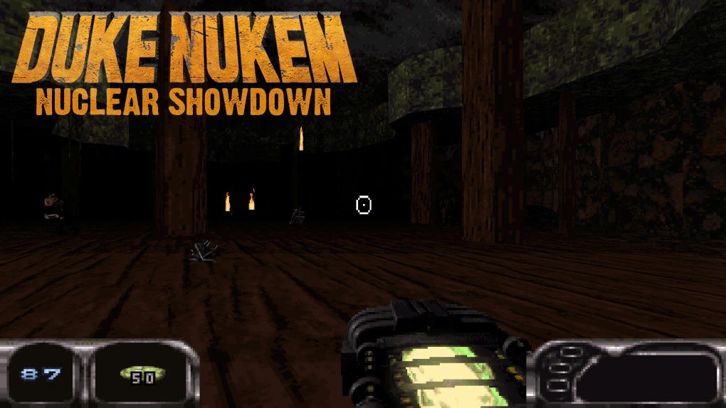 First-person view of a player holding a futuristic weapon inside a dark wooden cave in Duke Nukem 3D mod Nuclear Showdown