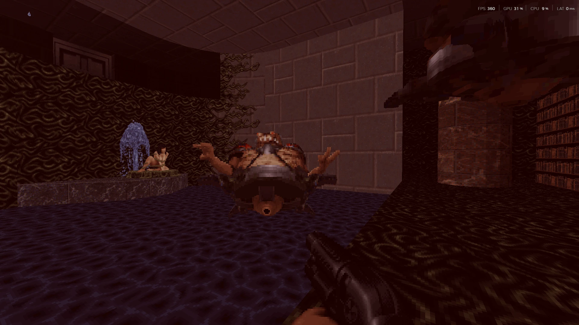 Spieler zielt mit Schrotflinte auf voxelartigen Gegner in dunklem, texturiertem Raum im Duke Nukem 3D Mod