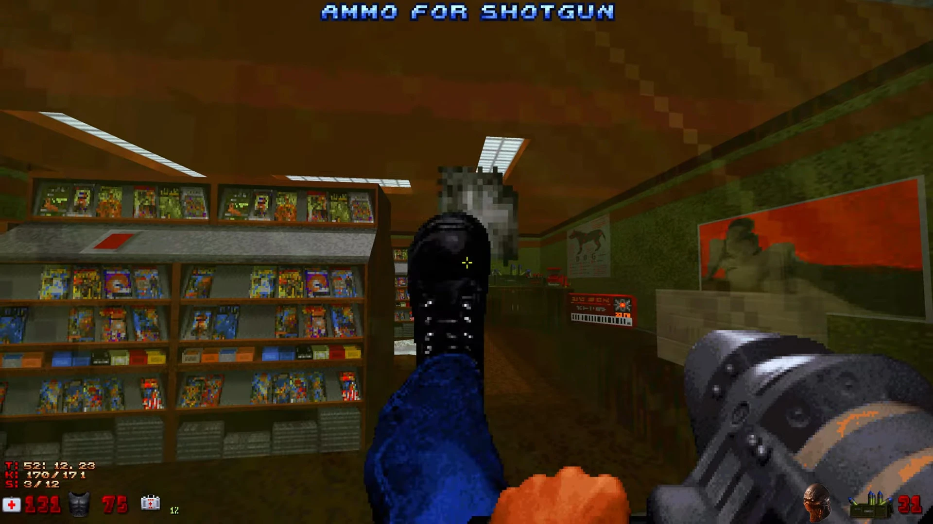 Вид от первого лица в Duke Nukem 3D мод WG MEGA PACK с персонажем, наносящим удар ногой в помещении с полками и плакатами