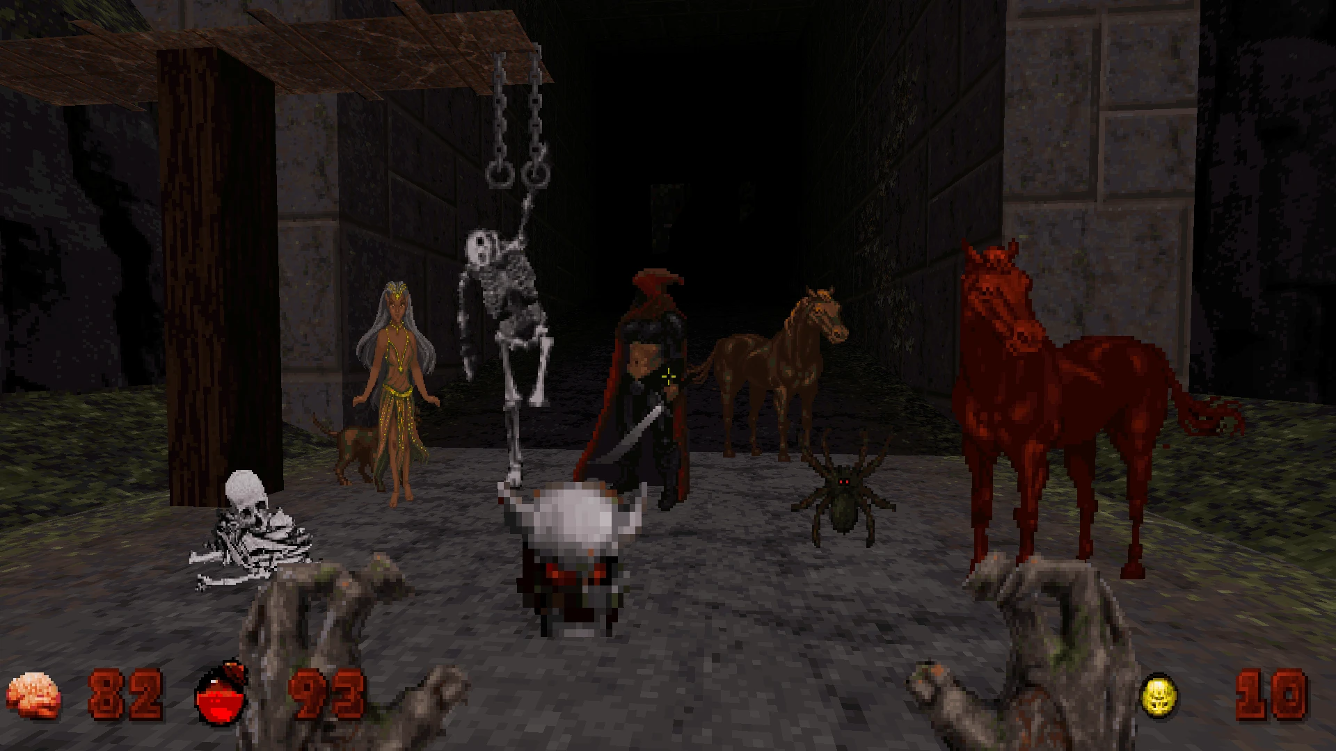 Vista en primera persona con manos de zombi pixeladas y varias criaturas y enemigos en corredor oscuro de piedra