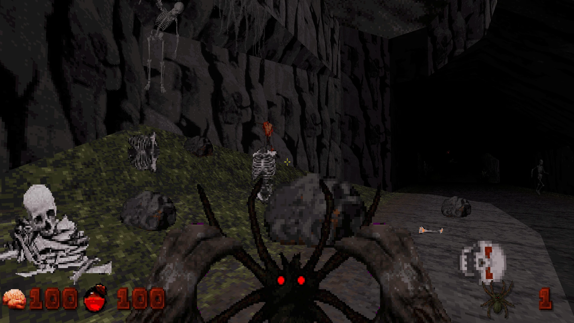 Vista en el juego del mod Zombie Nukem con araña de ojos rojos y huesos de esqueleto en cueva oscura