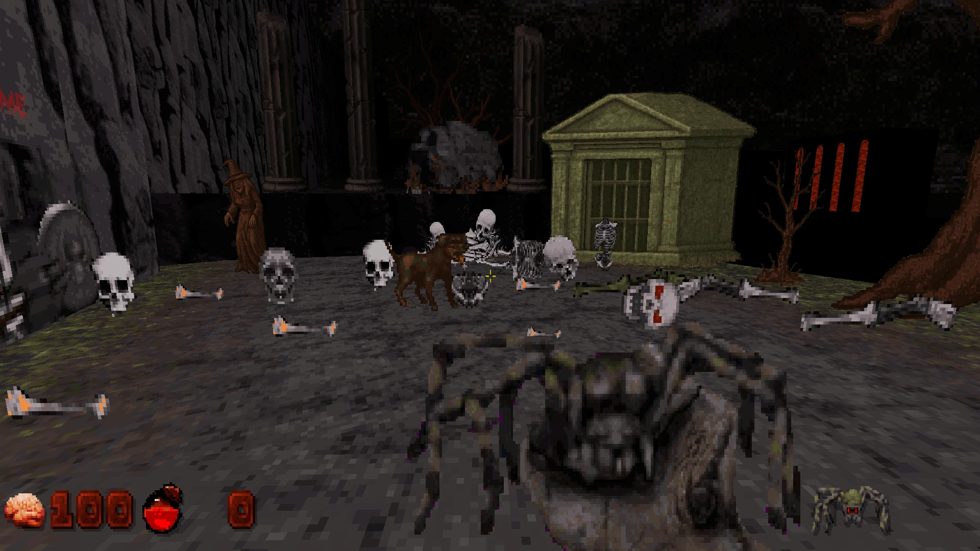 Captura de pantalla de cementerio espeluznante con calaveras, esqueletos, bruja, perro y araña enemiga del mod Zombie Nukem