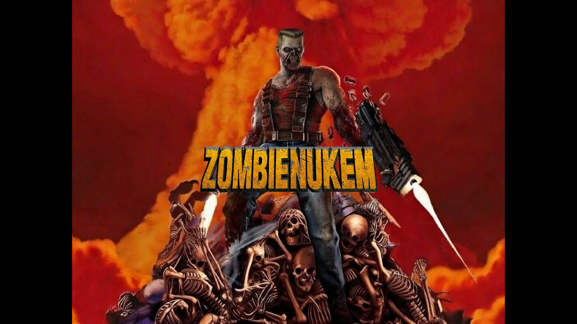 Portada del mod Zombie Nukem con Duke zombi armado frente a explosión y pila de esqueletos