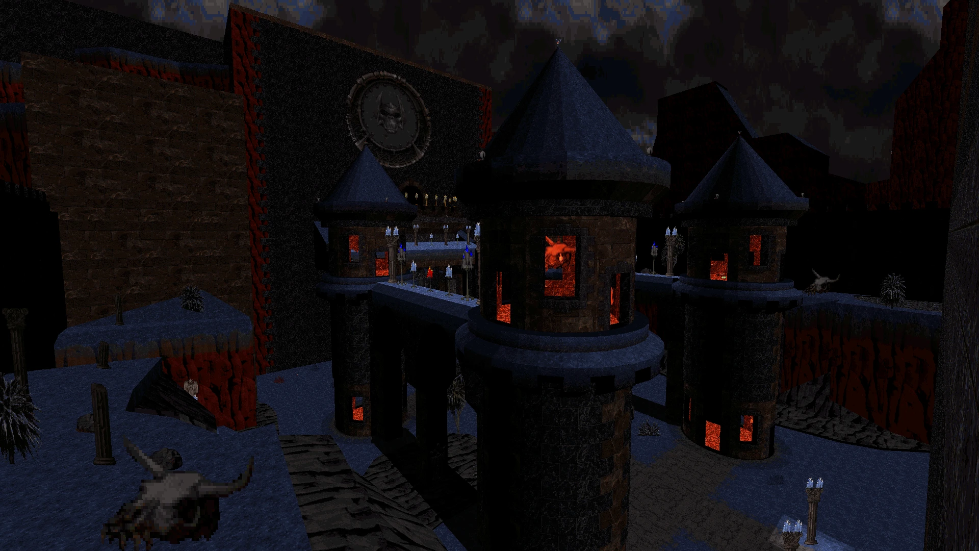 Captura de pantalla de una fortaleza oscura con torres iluminadas bajo un cielo tormentoso en el mod Zombie Nukem de Duke Nukem 3D