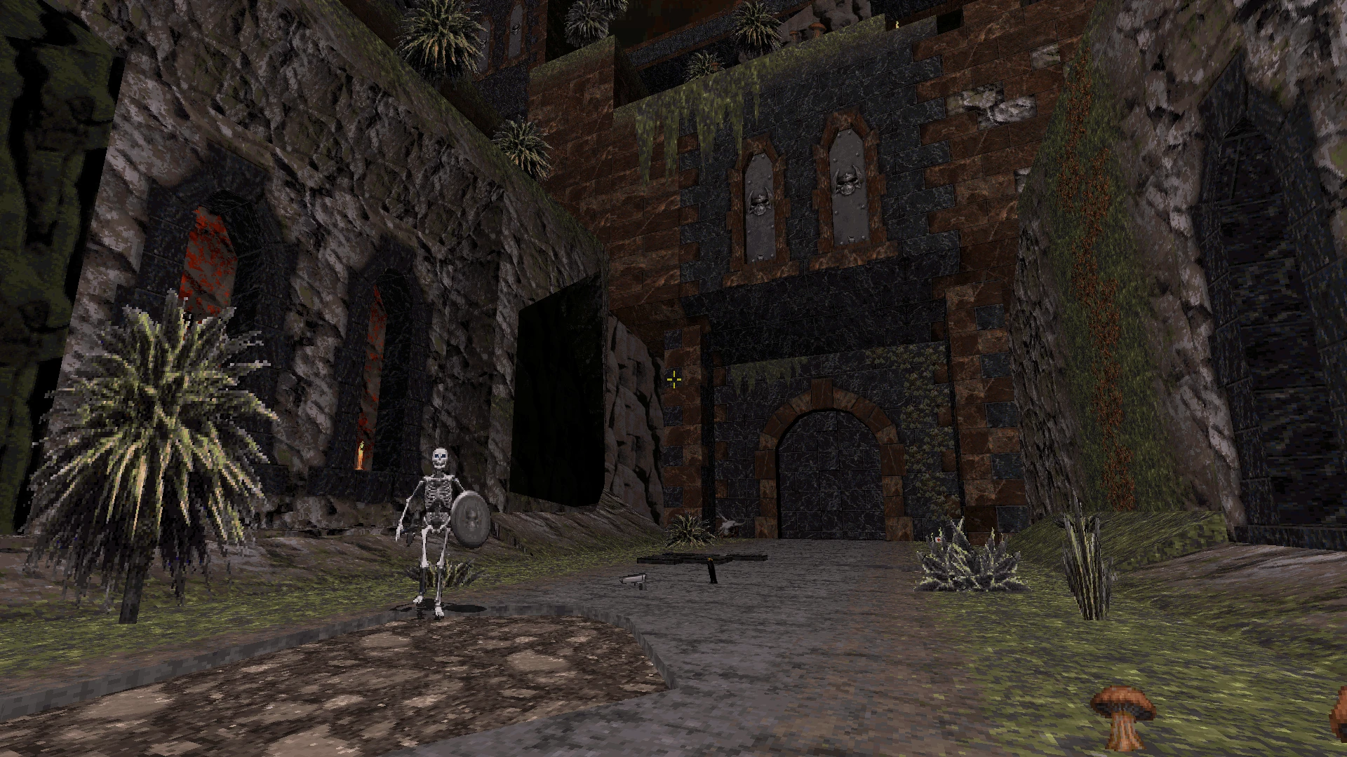 Captura de pantalla mostrando un enemigo esqueleto con escudo frente a ruinas medievales en el mod ZOMBIE NUKEM de Duke Nukem 3D