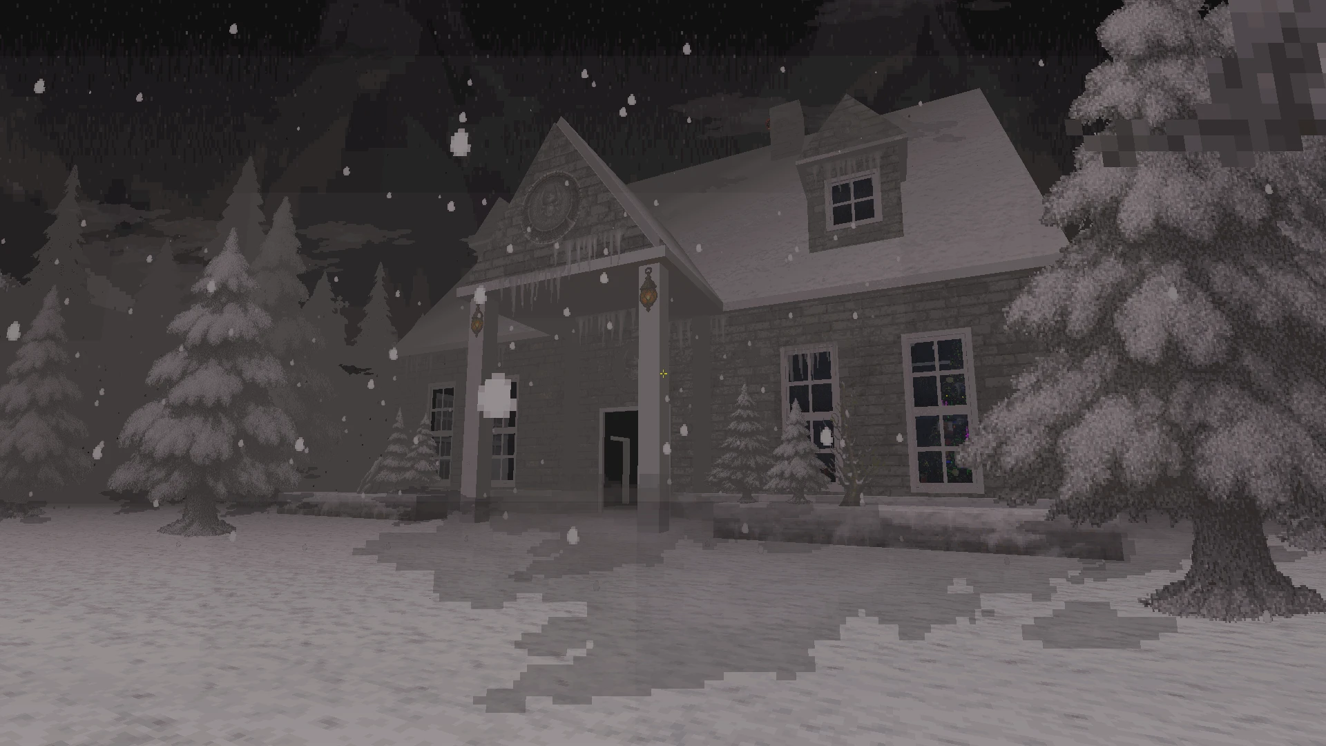 Escena pixelada de noche oscura y nevada con una gran mansión, carámbanos y árboles cubiertos de nieve en el mod Zombie Nukem
