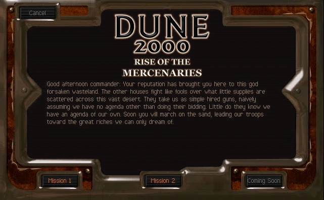 Dune 2000 Rise of the Mercenaries Mod-Bildschirm mit Missionsbriefing und drei Optionen