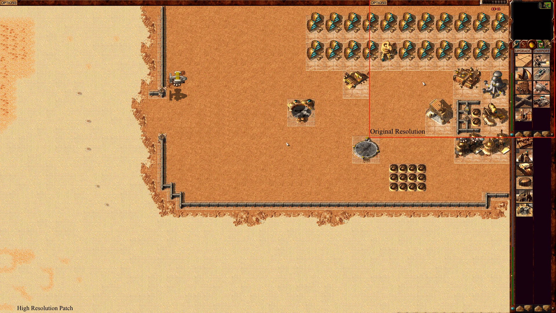 Draufsicht auf eine Basis in Dune 2000 mit Vergleich zwischen High-Resolution-Patch und Originalauflösung