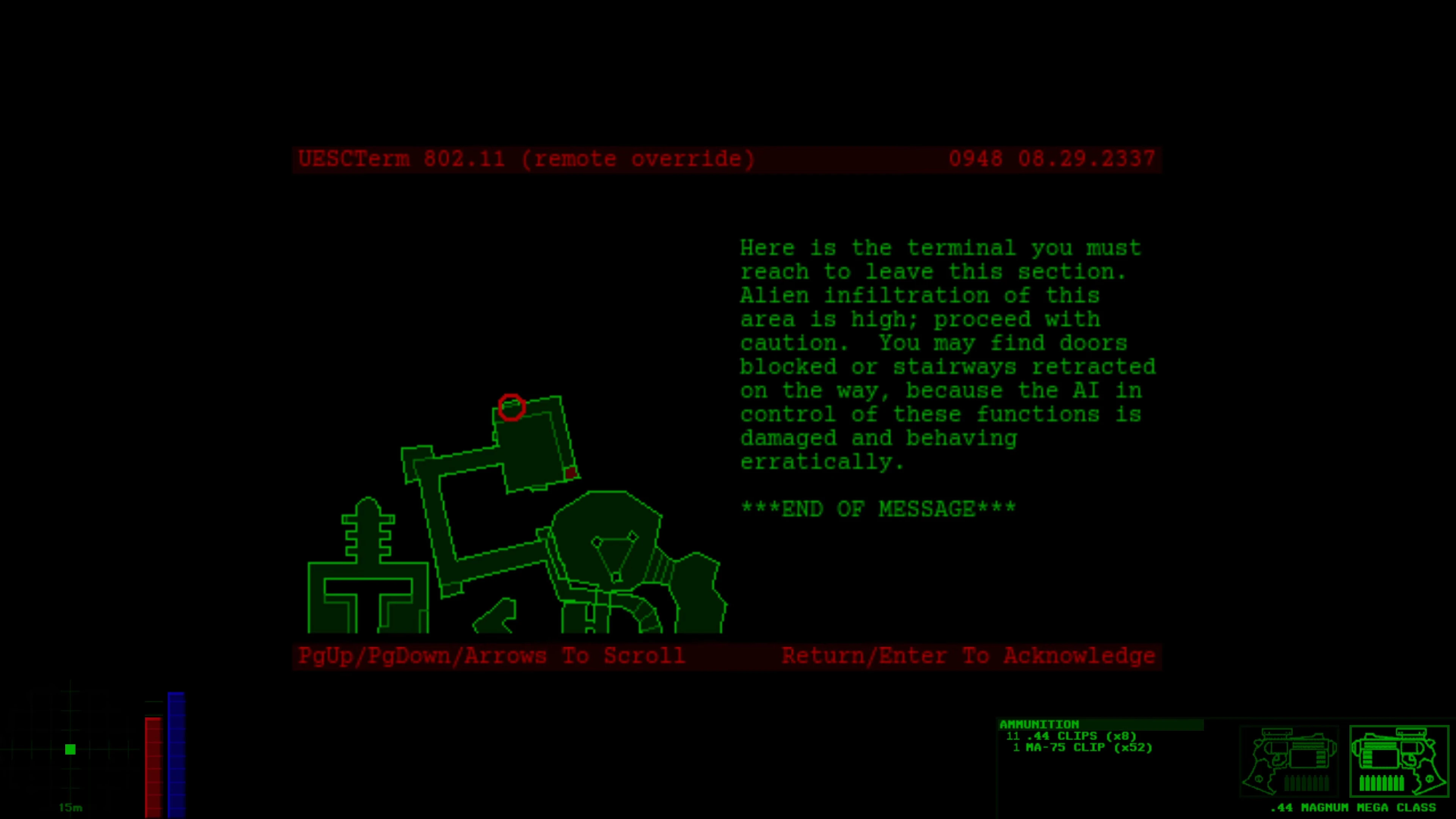 Pantalla de terminal retro con texto verde y mapa en motor Aleph One Marathon Trilogy
