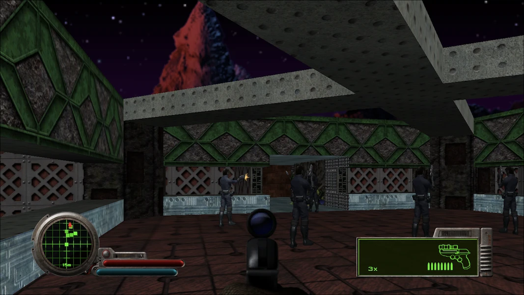 Vista en primera persona de un jugador apuntando con pistola a guardias armados en un entorno sci-fi industrial