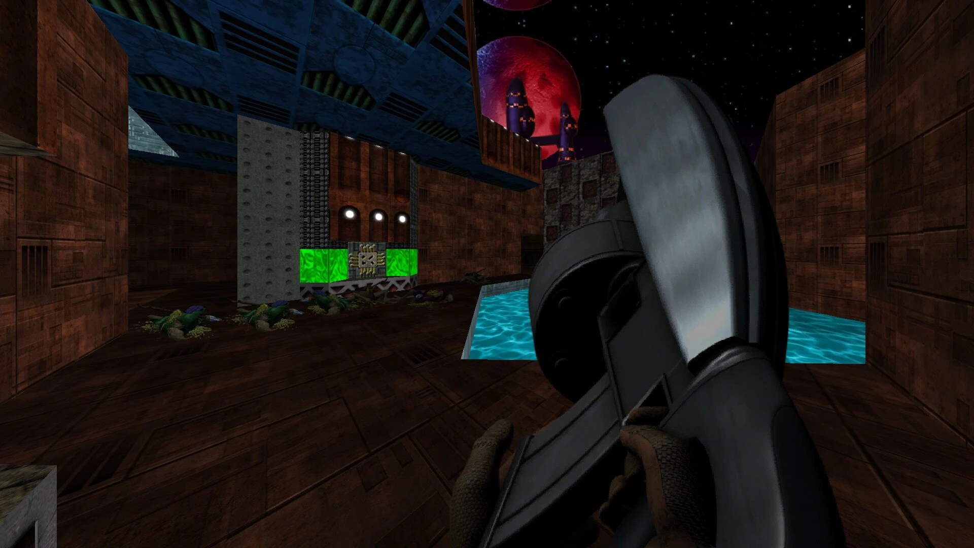 Captura de pantalla del juego mostrando vista en primera persona con escopeta en ambiente industrial futurista y planeta rojo en el cielo nocturno