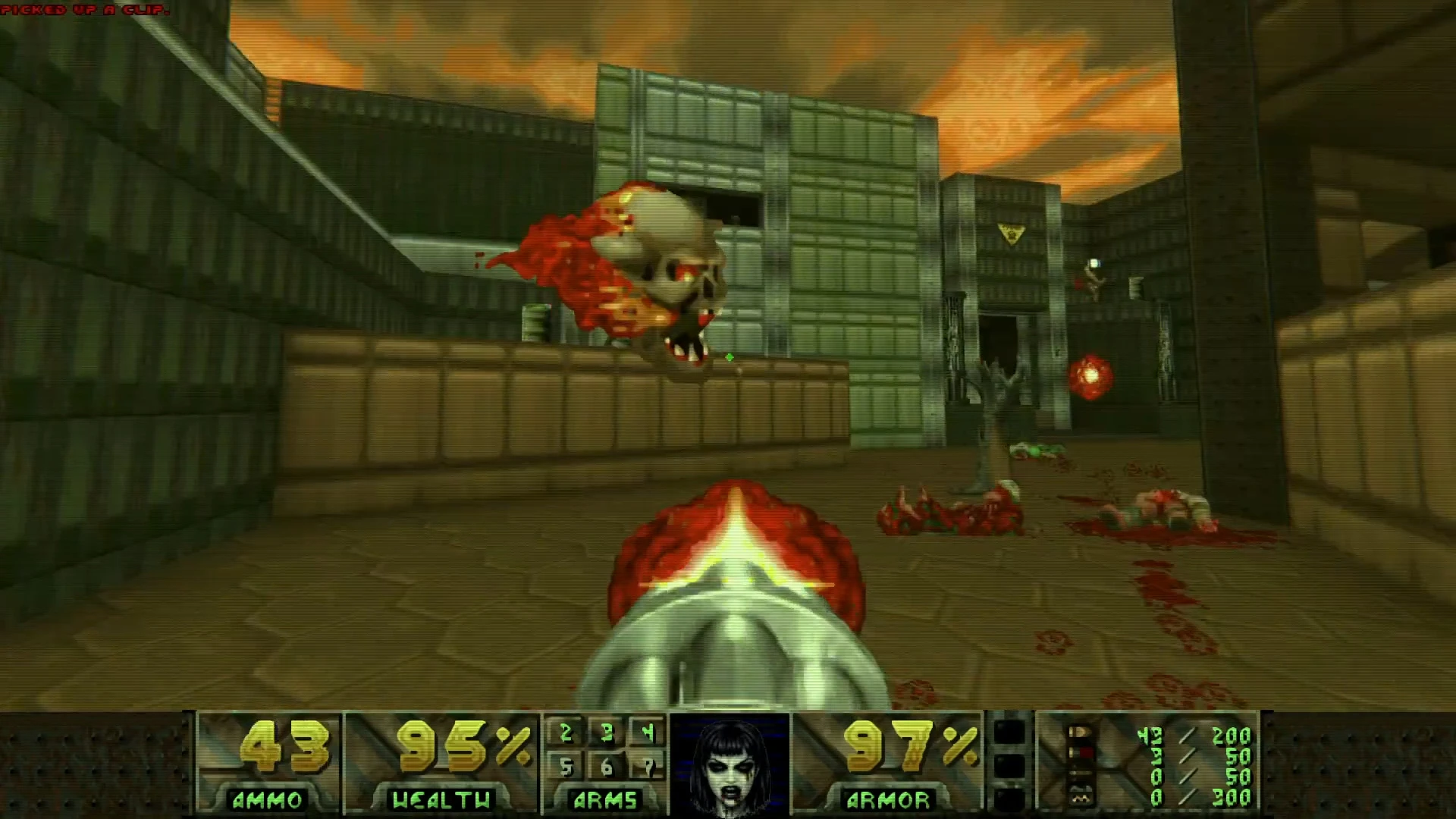 First-person view shooting fireballs at a flaming skull enemy in a green industrial environment in Doom (1993) with BiasedDoom engine