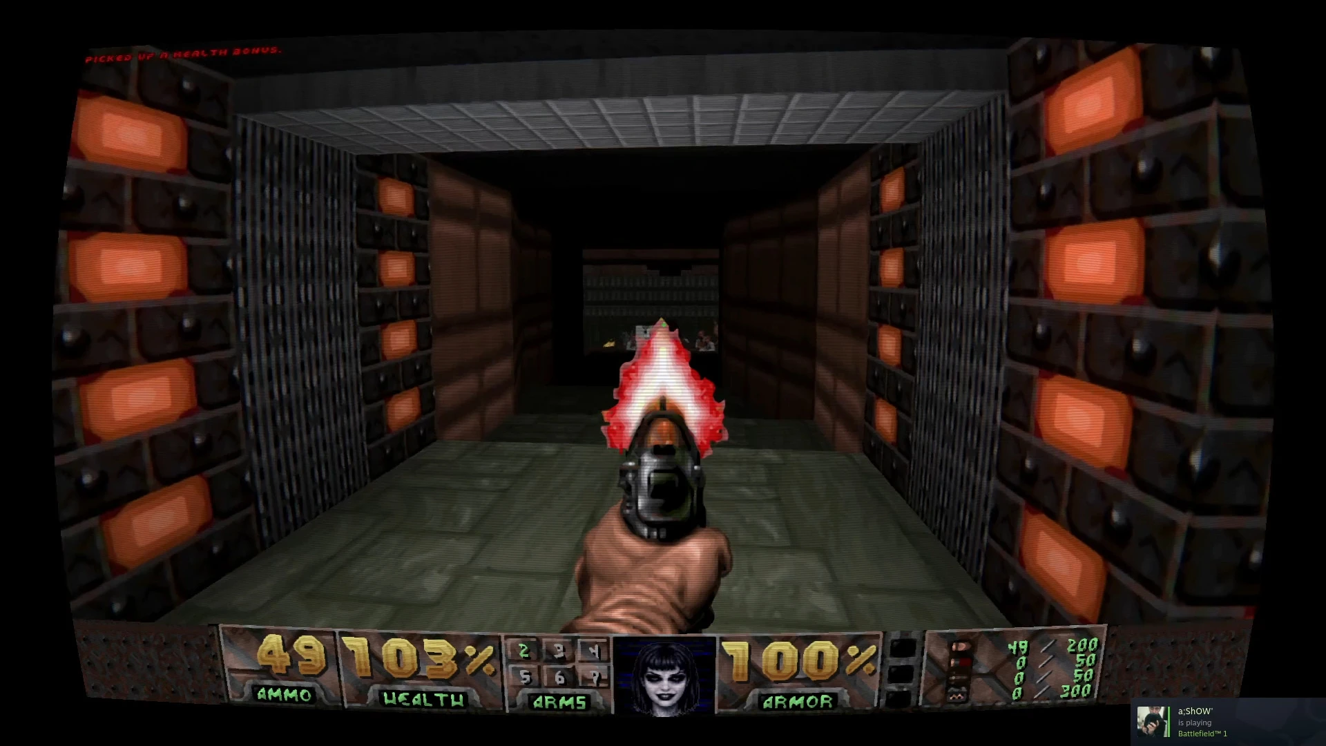 Doom 1993 gameplay screenshot showing first-person pistol firing in a metallic corridor using BiasedDoom engine