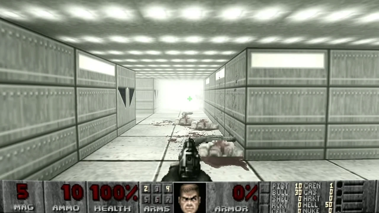 First-person view in Doom 1993 using BiasedDoom engine showing a bright hallway with enemy corpses on the floor