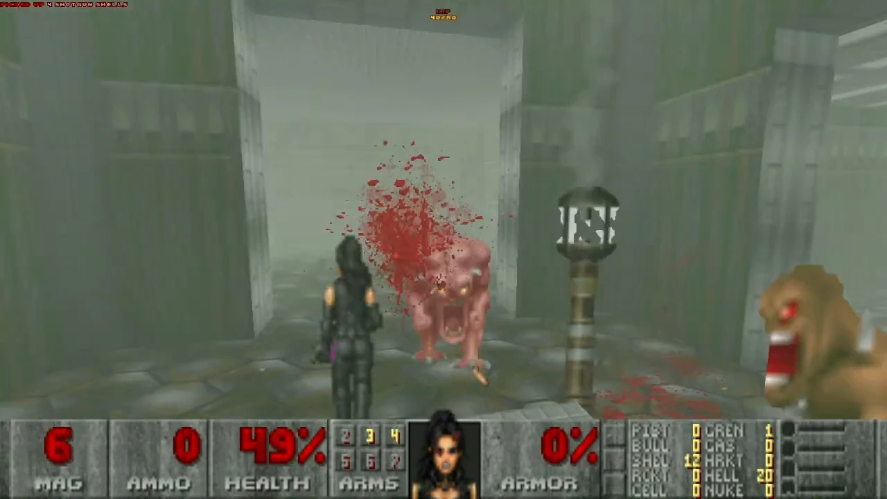 Player character in black suit shoots a charging demon in a foggy, stone-walled corridor of Doom 1993
