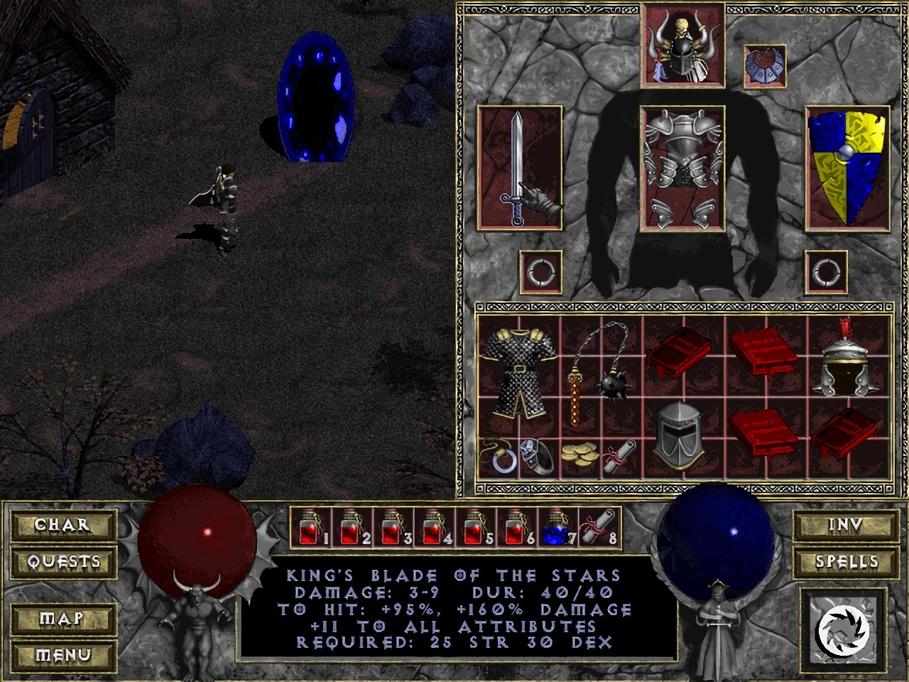 Charakter steht neben einem blauen Portal mit geöffnetem Inventarbildschirm in DevilutionX