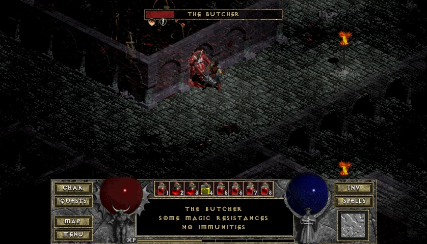Der Held trifft auf den Boss 'Der Metzger' im Dungeon
