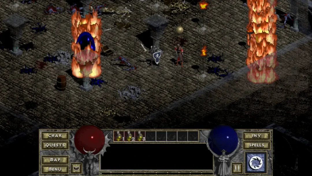 Feuersäulen brechen im Diablo-Dungeon aus
