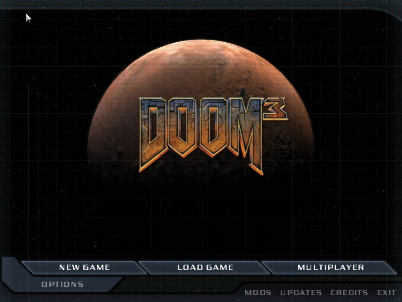 Menú principal de Doom 3 con opciones para juego nuevo, cargar juego, multijugador y mod del motor Dhewm 3
