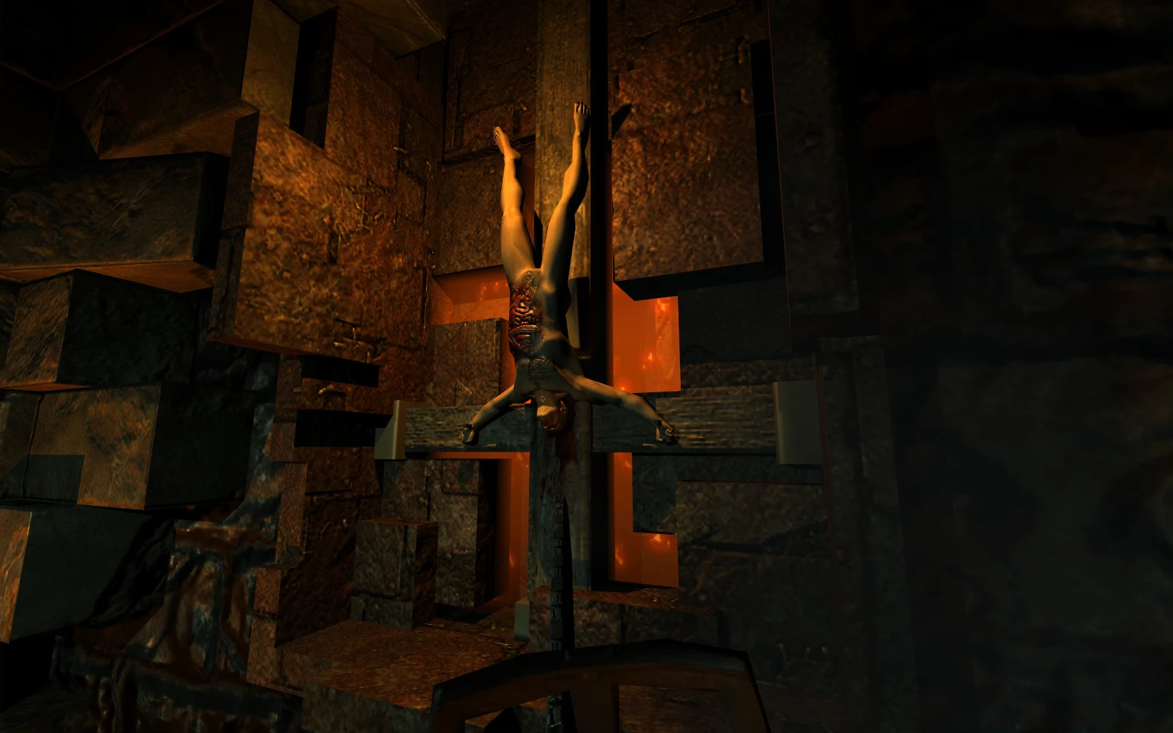 Captura de pantalla de Doom 3 con personaje crucificado y abdomen sangriento en cámara de piedra oscura iluminada en naranja con motor Dhewm 3