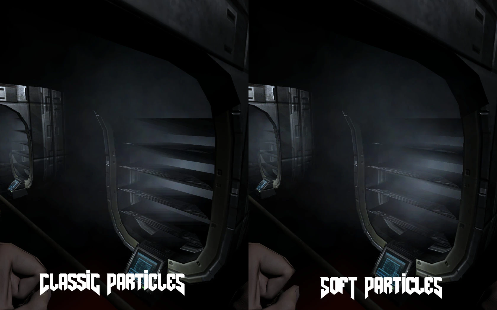 Comparación lado a lado de partículas clásicas y suaves en el motor Doom 3 Dhewm 3