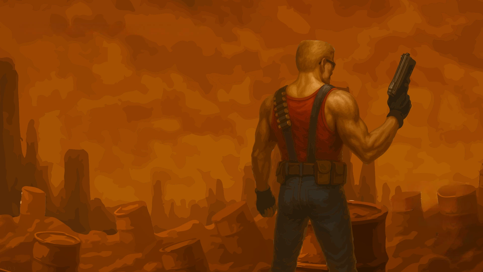 Illustration der Duke Nukem-Figur mit Waffe vor orangefarbenem apokalyptischem Ödland
