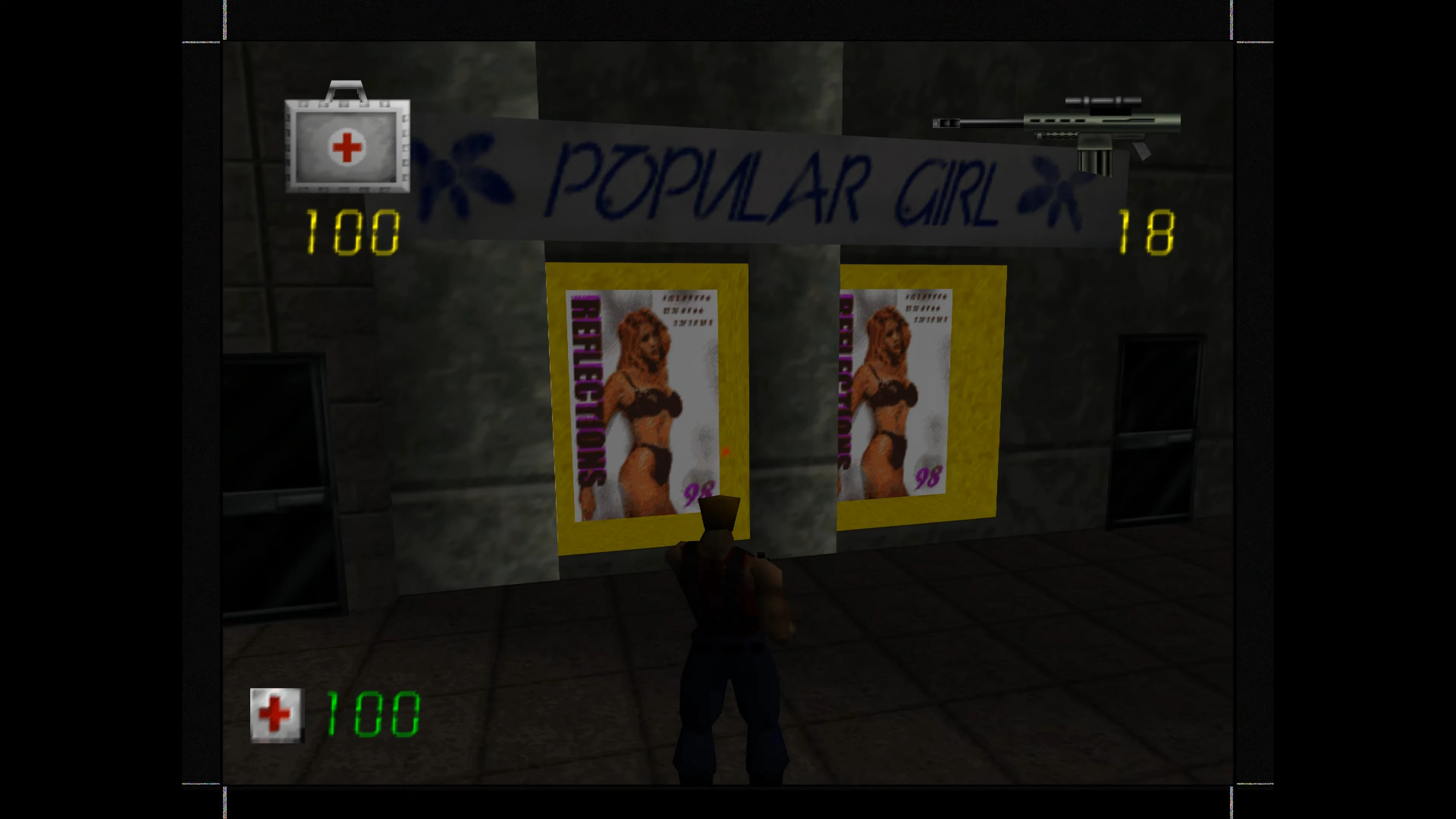Duke Nukem 3D Screenshot zeigt Gesundheits- und Munition-Anzeige mit In-Game-Postern und Schildern