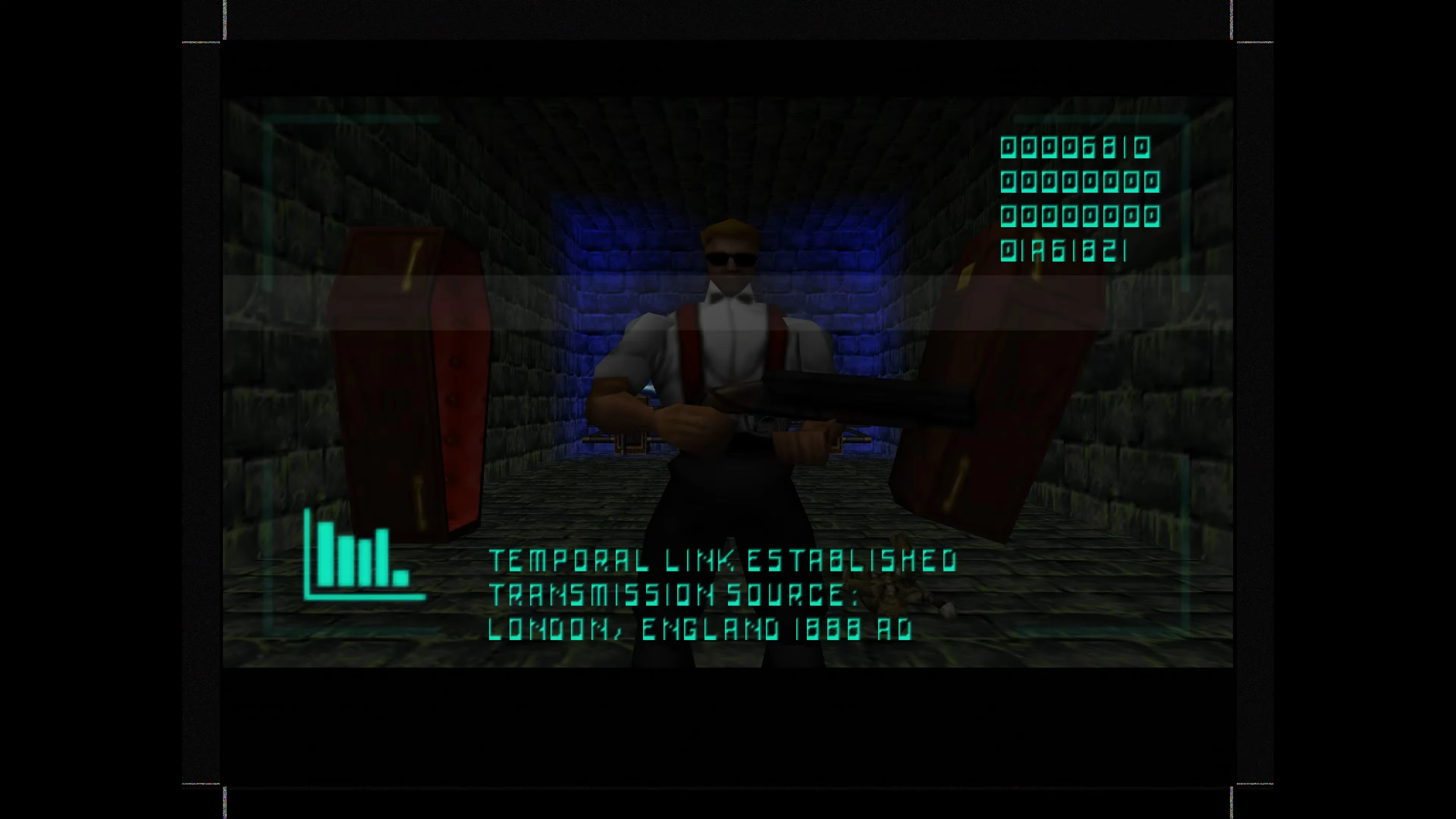 In-Game-Bild zeigt Duke Nukem mit Schrotflinte in dunklem Steingewölbe mit blauem Licht und digitaler HUD-Überlagerung