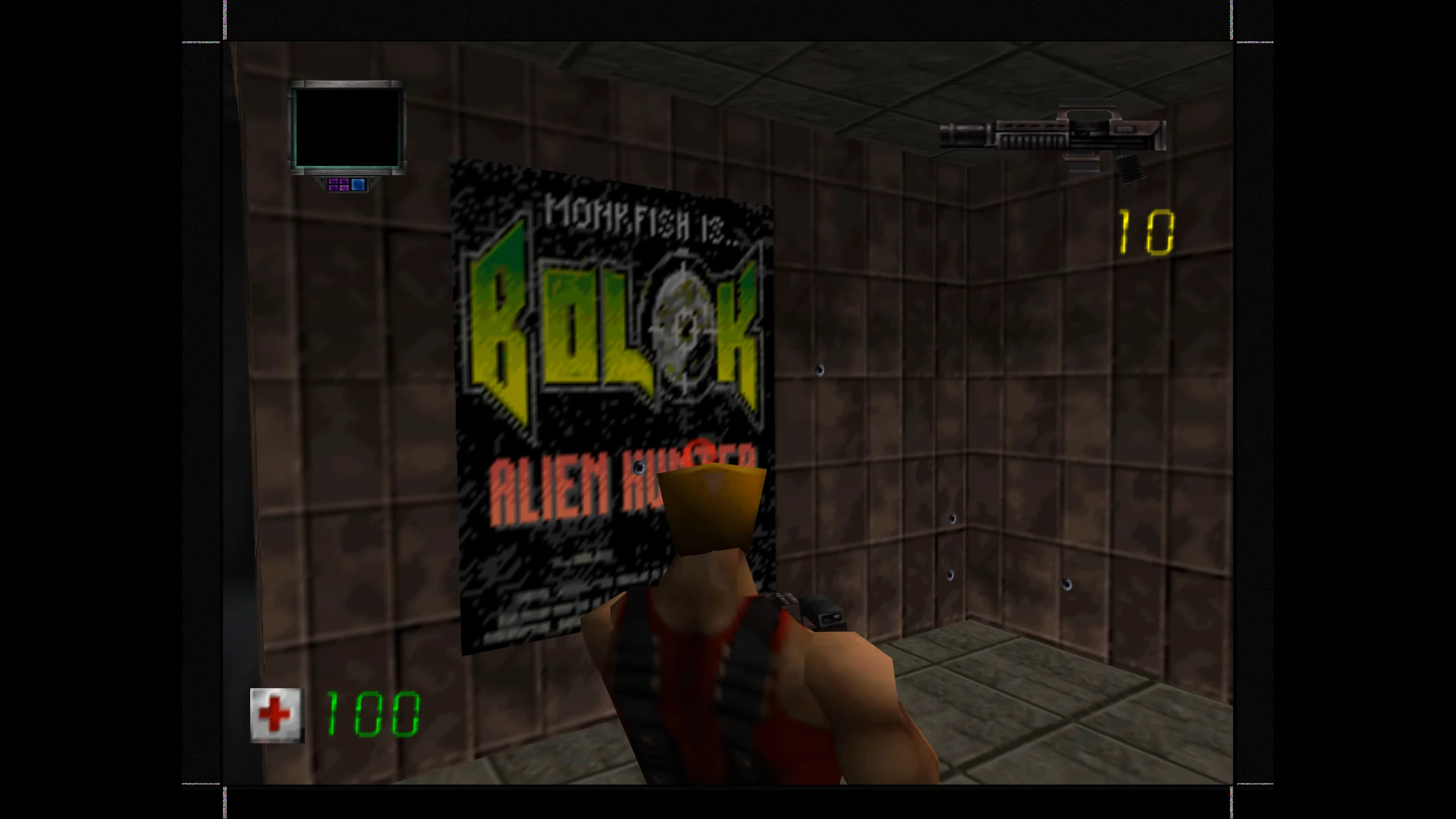 Ego-Perspektive in Duke Nukem 3D mit bewaffnetem Spieler, Poster an gefliester Wand und Gesundheitsanzeige