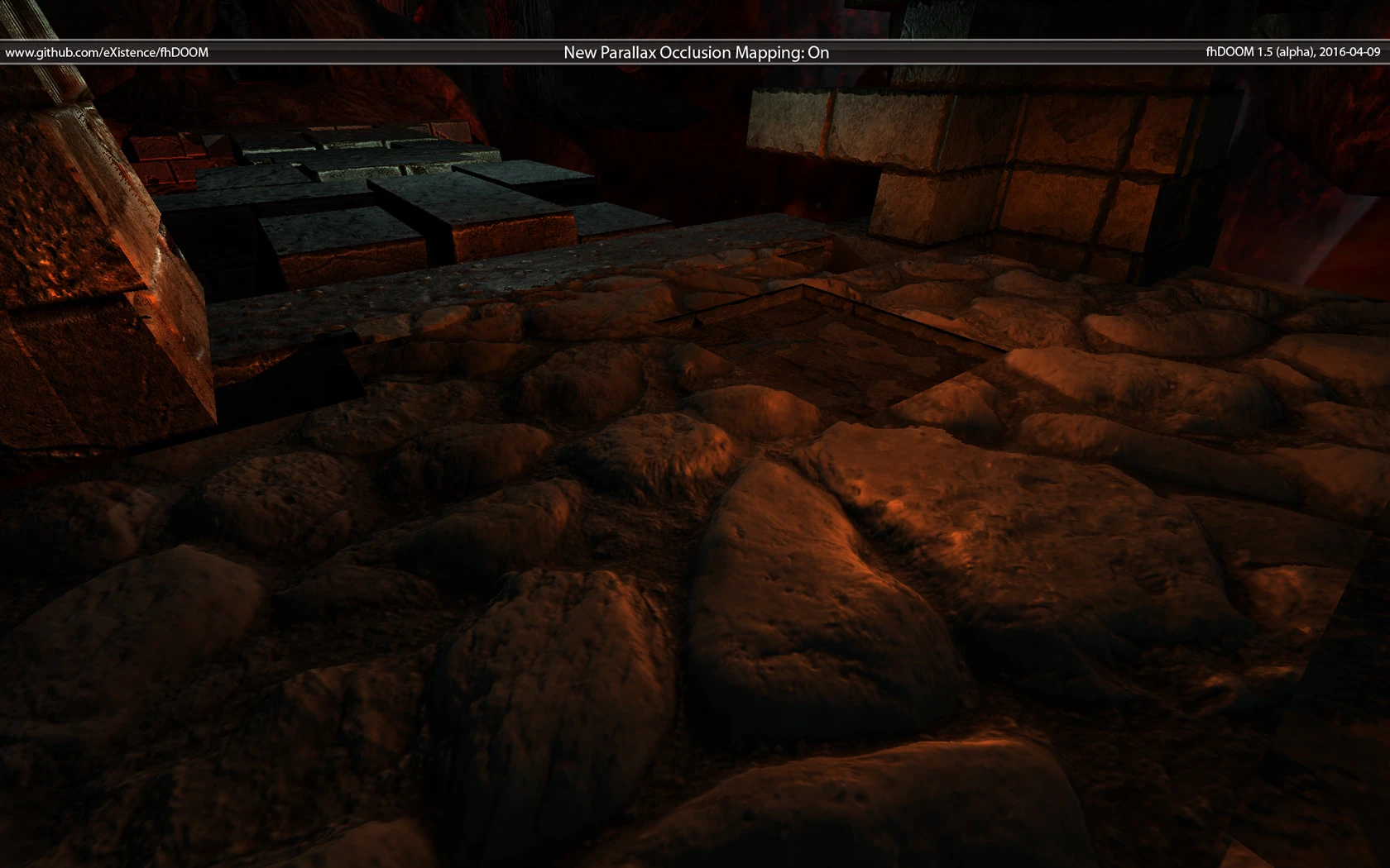 Nahaufnahme detaillierter Steinbodentexturen, verbessert durch Parallax Occlusion Mapping in Doom 3 mit fhDOOM Mod