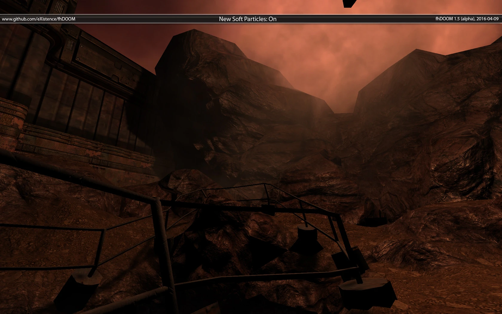 Felsige Landschaft mit Metallgeländern unter orangefarbenem bewölktem Himmel in Doom 3 mit fhDOOM-Engine