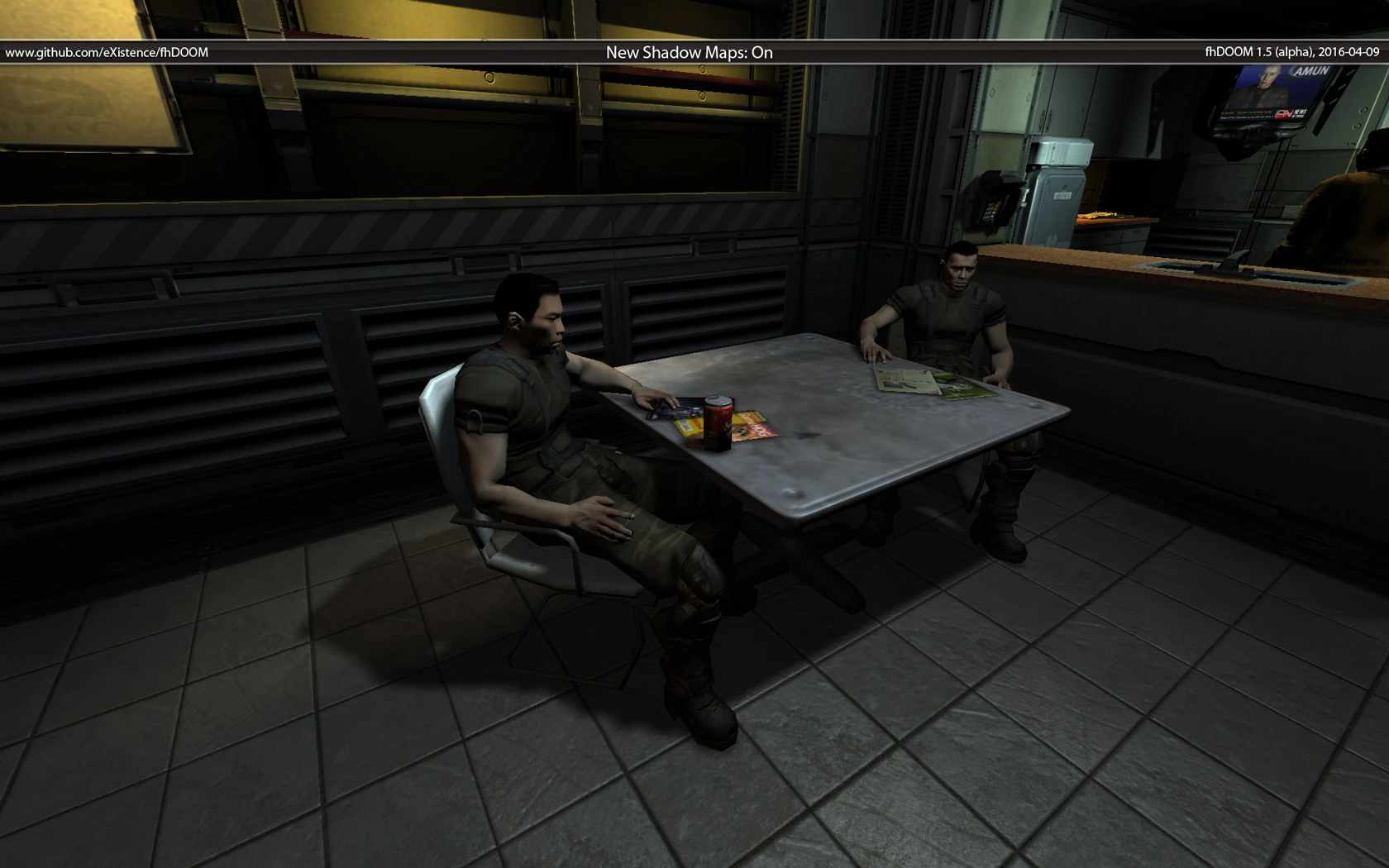 Zwei Soldaten sitzen an einem Tisch in einem dunklen Industrie-Raum mit aktivierten Schattenkarten im Doom 3 Mod fhDOOM