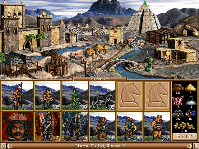 Экран игры Heroes of Might and Magic III с изображением средневекового города, юнитов, портрета героя и ресурсов в движке Fheroes2 Resurrection