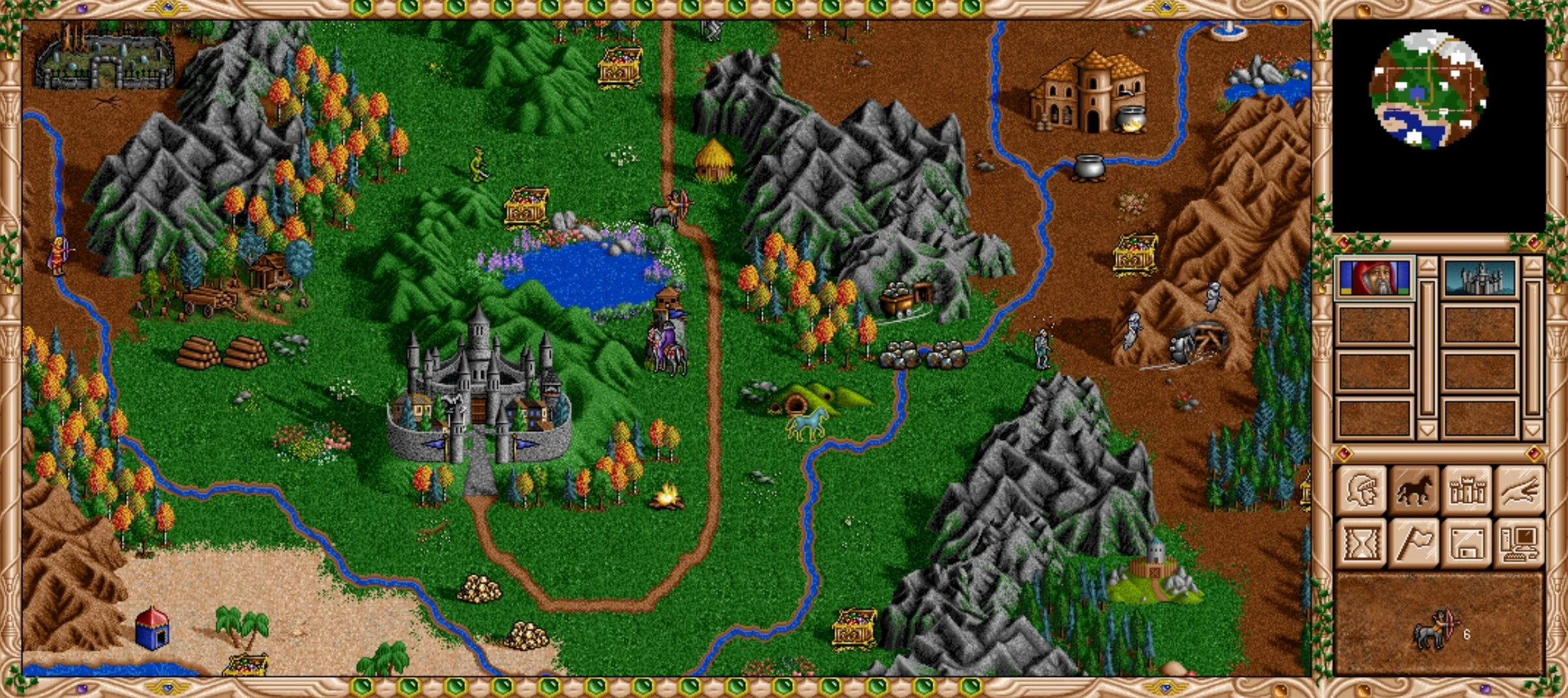 Скриншот игрового процесса Heroes of Might and Magic III с детальной картой местности, замками, реками, горами и значками юнитов