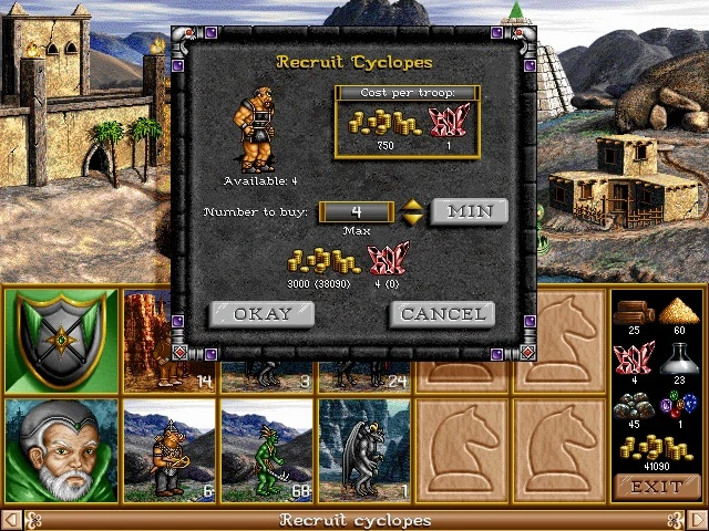 Игровой интерфейс с окном найма циклопов, отображающим стоимость и доступные ресурсы в Heroes of Might and Magic III мод Fheroes2 Resurrection