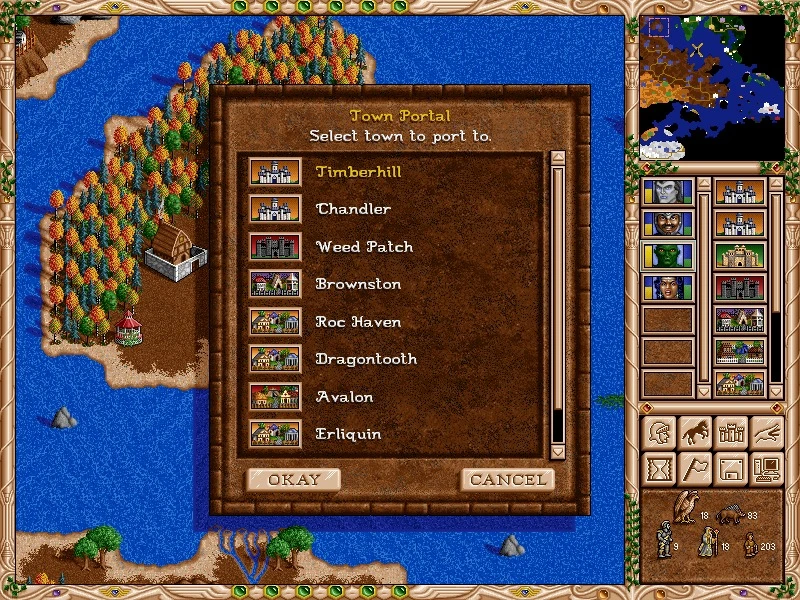 Скриншот меню выбора городского портала с несколькими городами в Heroes of Might and Magic III с модом Fheroes2 Resurrection