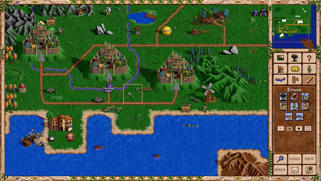 Скриншот редактора карт Heroes of Might and Magic III с отображением местности, городов и элементов интерфейса в Fheroes2 Resurrection