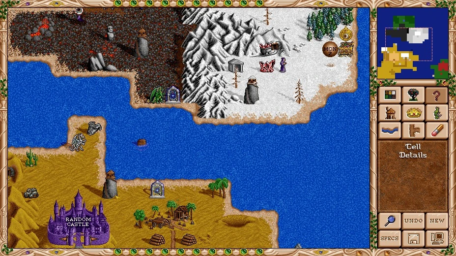 Игровая карта с заснеженными горами, пустыней, лавой и случайным замком в движке Fheroes2: Resurrection для Heroes of Might and Magic III